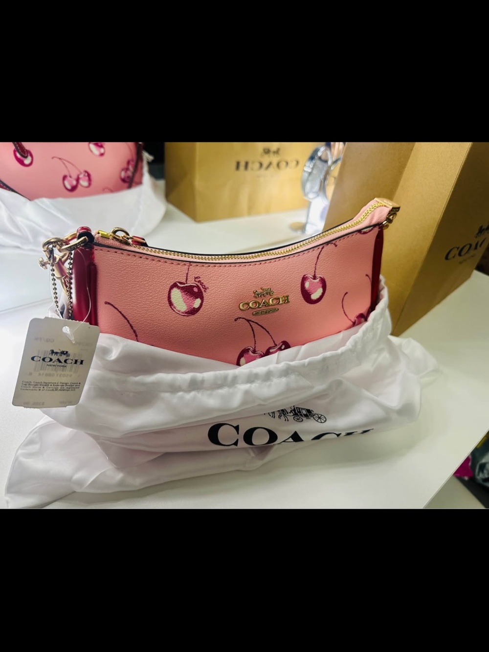 COACH Pink Cherry-Print Shoulder Bag with Red Trim - Picture 4 of 6